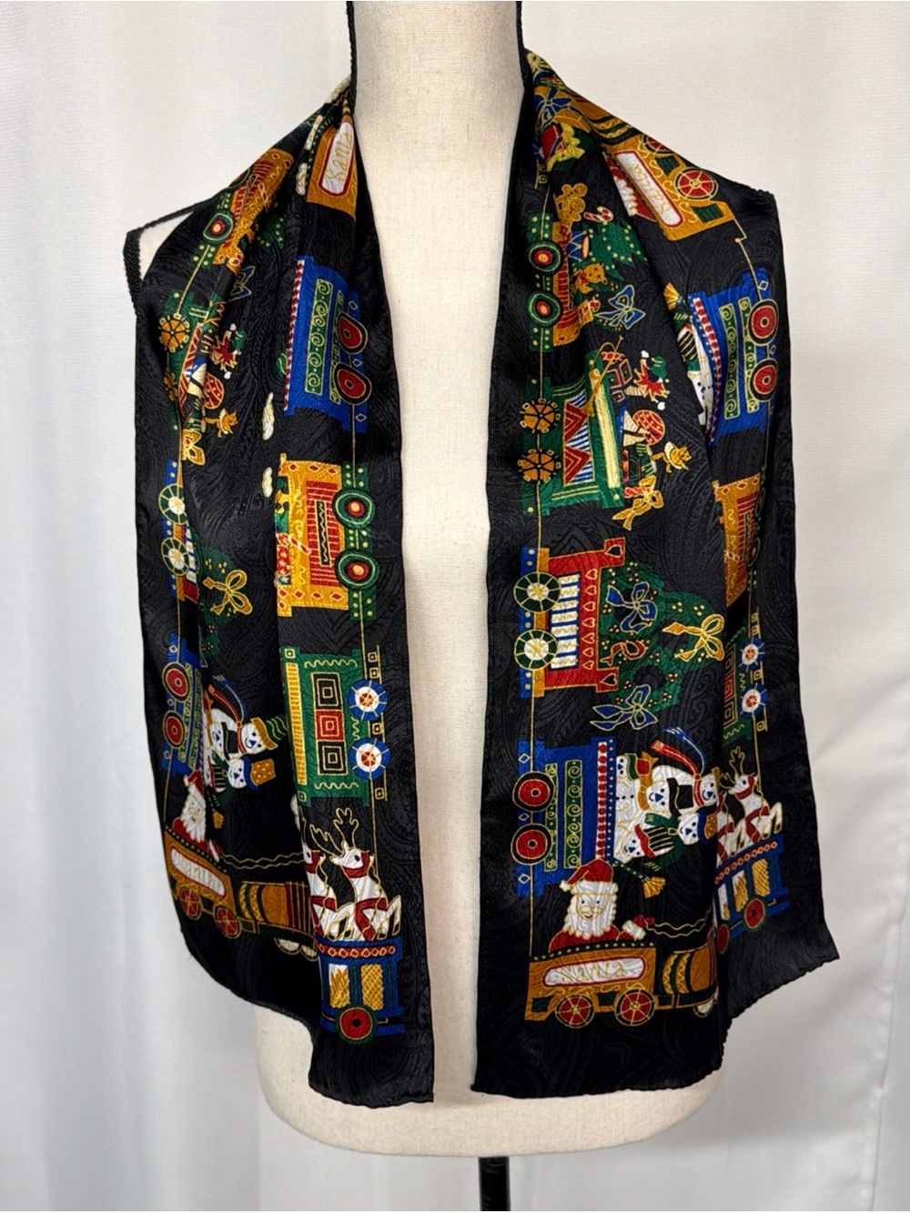 Christmas Jacquard Scarf Santa Train Holiday Motif 11x52" Black Festive Artsy